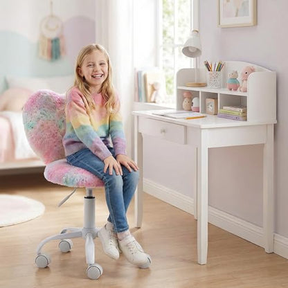 Kids Desk Chair Faux Fur Study Chair for Teenage Girls, Adjustable Heart Shaped Kids Vanity Chair for Bedroom Reading Living Room, Small Cute Student Task Chair with White Foot, Colorful