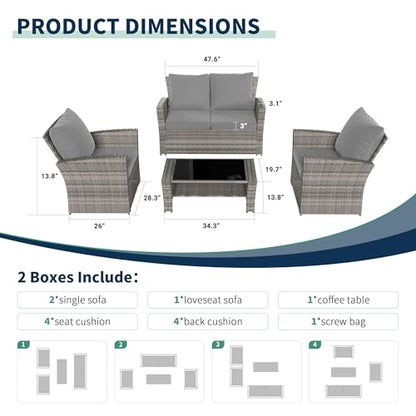 4-Piece Grey Waterproof PE Wicker Outdoor Sectional Sofa Set with Grey Cushions,All-Weather Patio Furniture for Balcony, Porch, Garden - UV-Resistant & Space-Saving Design