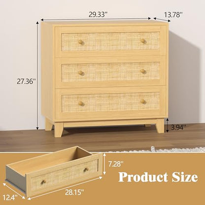3 Drawer Rattan Dresser for Bedroom, Small Boho Nightstand Sets with Wooden Feet, Rattan Wood Clothes Storage Cabinet for Hallway, Living Room, Entryway (Wood, 3 Drawers)