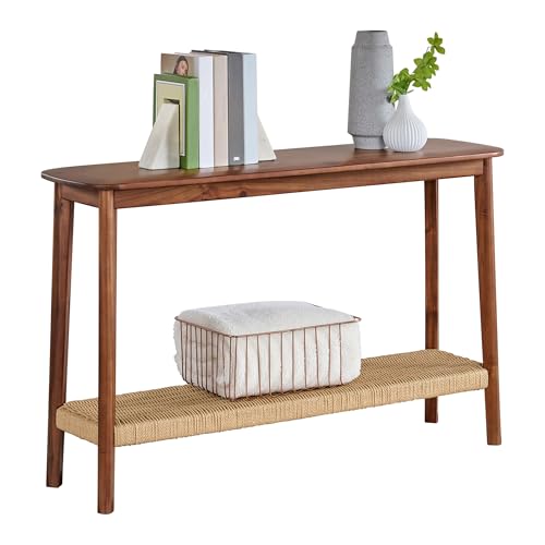 Calais Solid Wood Console Table with Woven Storage Shelf, Chestnut, 48 Inch | 2-Tier Narrow Sofa Table, Mid Century Modern Entryway Table for Living Room, Behind the Couch, Hallway, or Foyer by Alaterre