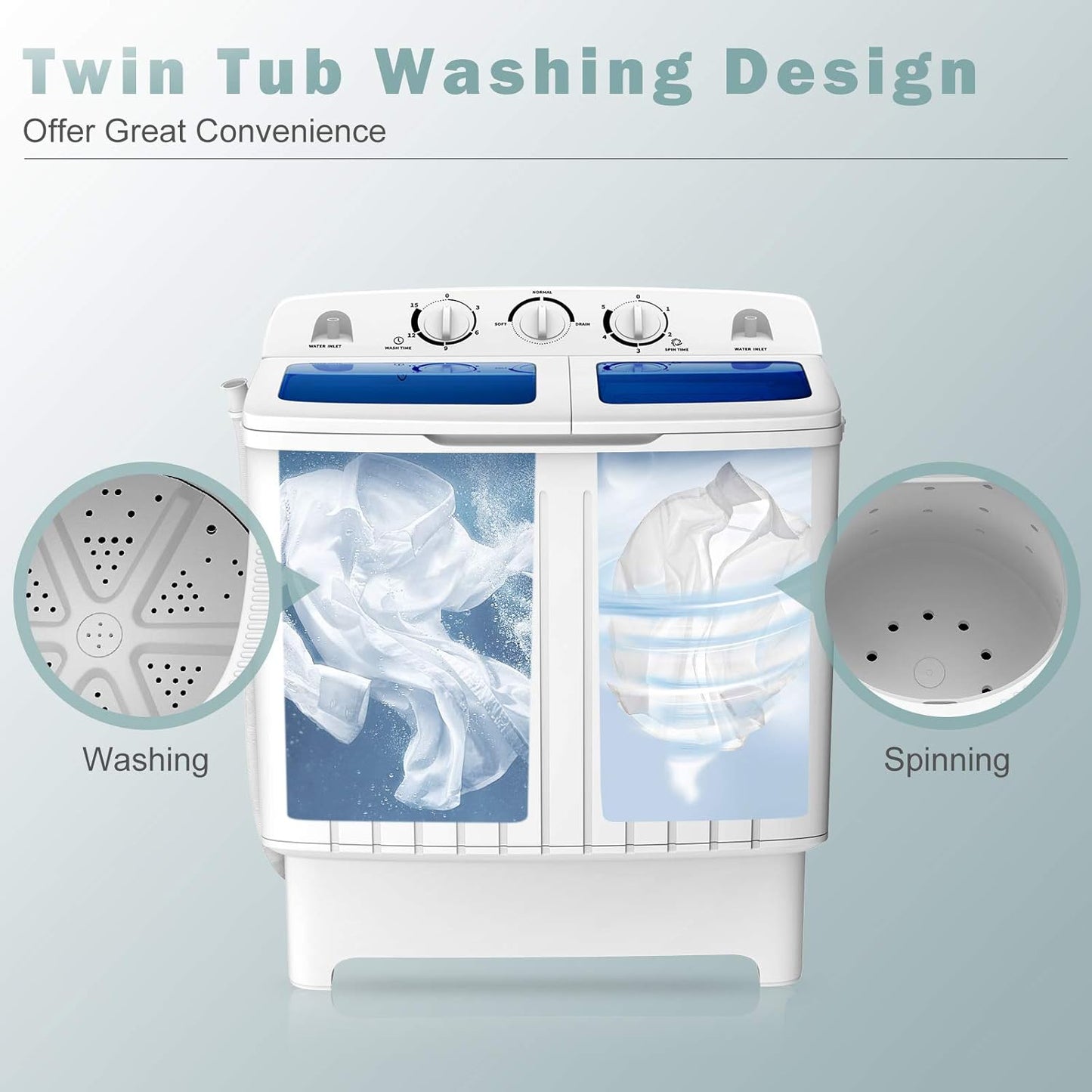 Portable Washing Machine, Twin Tub 20 Lbs Capacity, Compact Laundry Washer(12 Lbs) and Spinner(8 Lbs), Durable Design, Timer Control, Perfect for RV, Apartments and Dorms, Blue+White