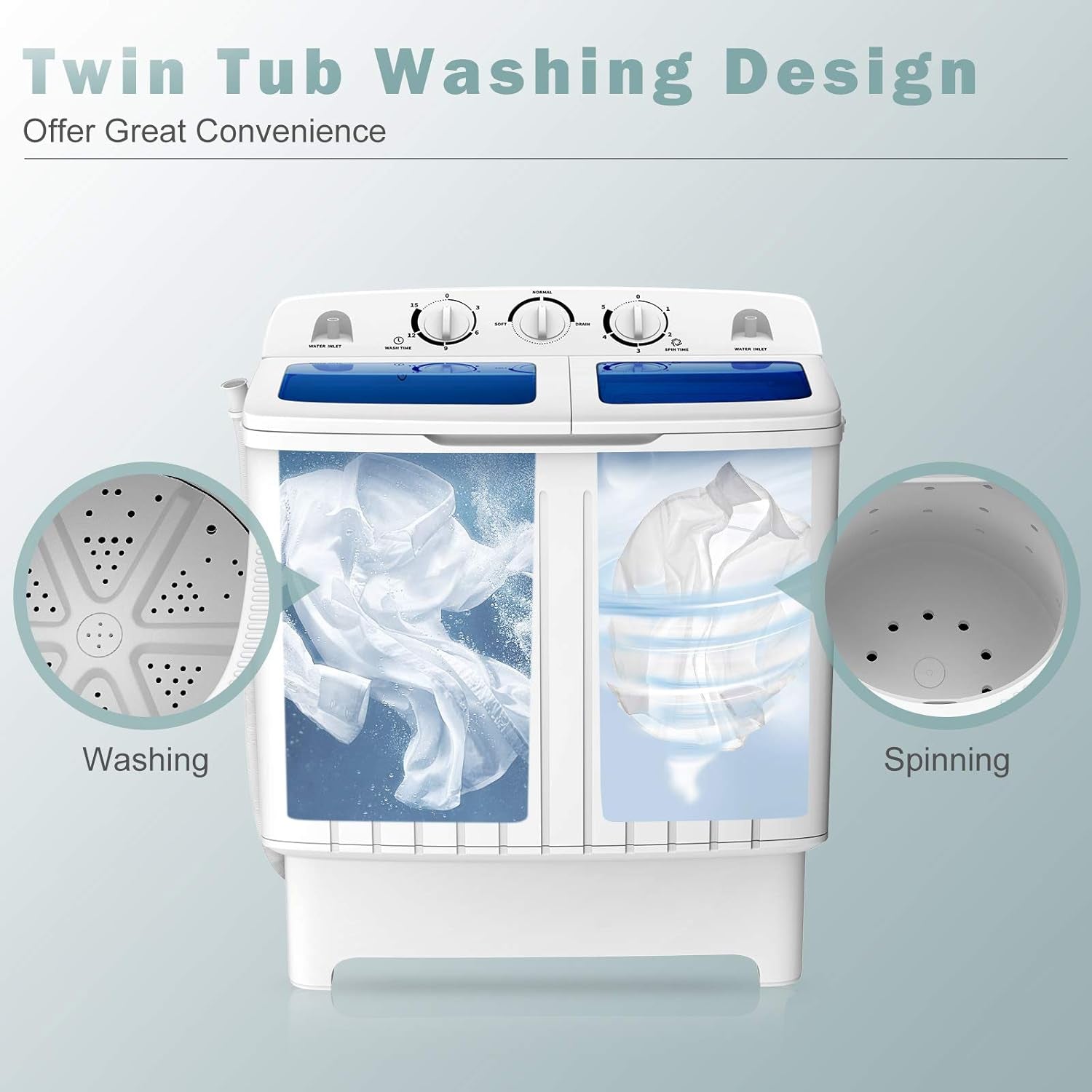 Portable Washing Machine, Twin Tub 20 Lbs Capacity, Compact Laundry Washer(12 Lbs) and Spinner(8 Lbs), Durable Design, Timer Control, Perfect for RV, Apartments and Dorms, Blue+White