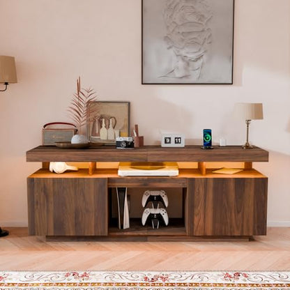 Modern LED TV Stand for 75 Inch TV, Walnut TV Console with Power Outlet, Entertainment Center with Storage for 75/70/65 inch TVs, Rustic Gaming Media Console Cabinet for Living Room (64 Inch)
