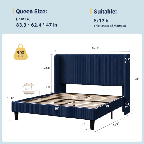 Queen Size Platform Bed with Corduroy Wingback Headboard, Blue, view 4