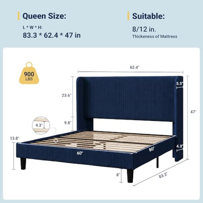 Queen Size Platform Bed with Corduroy Wingback Headboard, Blue, view 4