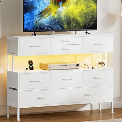 43.3" TV Stand for 55" TV, Entertainment Center with Charging Station and LED Light, Media Console Table with Drawers & Shelves, TV Stand for Living Room, White