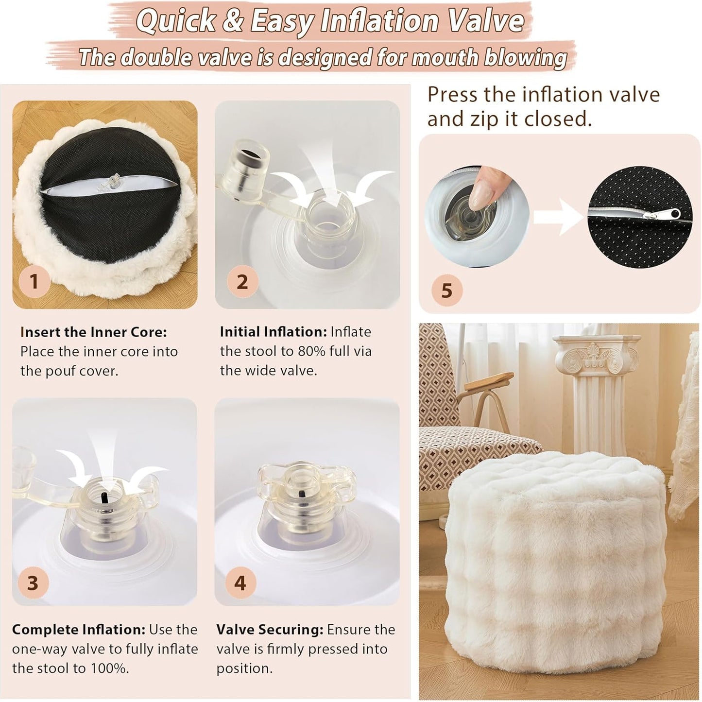 Faux Rabbit Fur round Inflatable Pouf Ottoman, 20 X 16 Waffle Bubble Fluffy Fuzzy Floor Poufs Foot Rest for Adults Kids Girls, Furry Pouf Chair Foot Stool Couch Home Decor, Anti-Slip, Beige