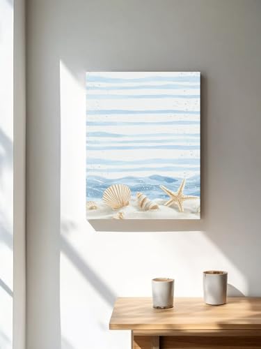 NuYeBiofx Summer Beach Shell Starfish Conch Canvas Wall Art Prints,30"x20" Framed Picture Artwork Seaside Ocean Wave Blue Line Printed Canvas Oil Painting for Living Room Bedroom Office,Ready to Hang