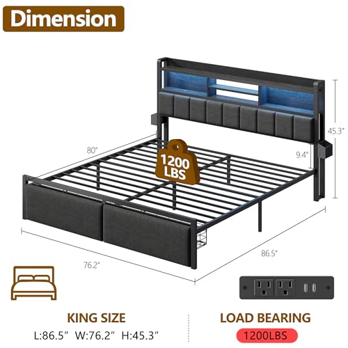 King Size Bed Frame with Headboard, Drawers, Charging Station, LED, view 3