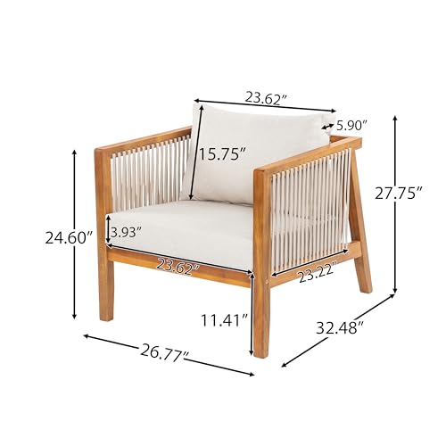 Silas Acacia Wood Lounge Chair Outdoor with Removable Cushion, Wooden Patio Accent Chair with Woven Rope Details, Outdoor Armchair for Patio Furniture Set, Teak+Beige