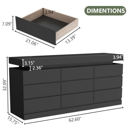 9 Drawer Dresser with Power Outlet, Modern Dresser with LED Light, view 3
