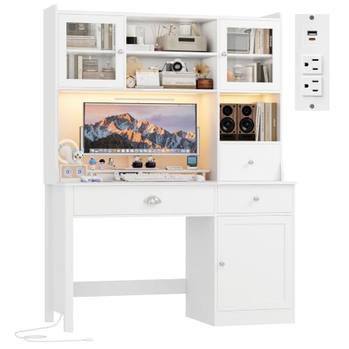 Computer Desk with Hutch and RGB, Office Desk with Power Outlet, view 4