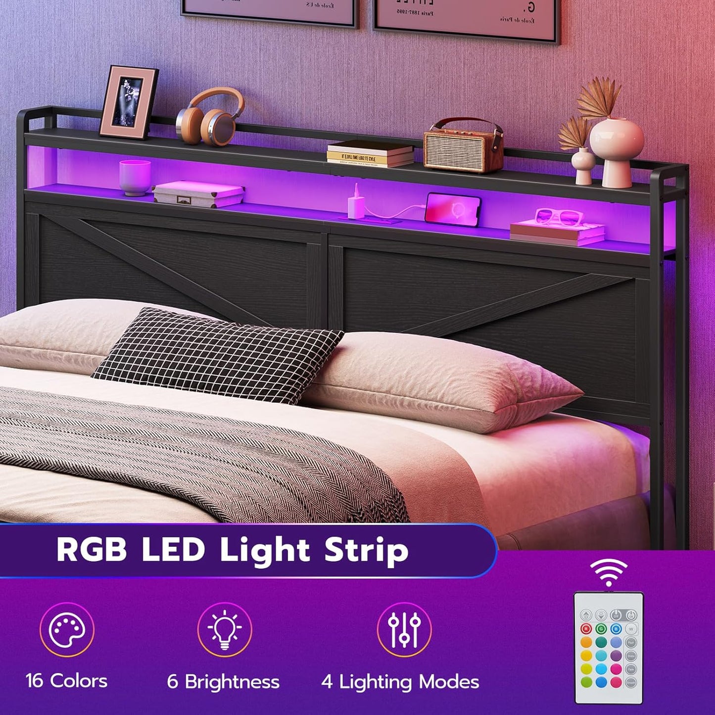 King Size Headboard, Headboard with Charging Station and LED Light Strip, 2-Tier Storage Head Board with Outlets and USB Ports, Industrial Style, for King Size Beds, Black