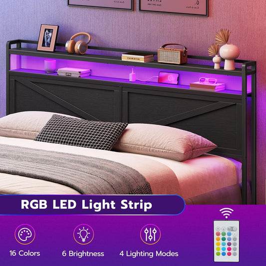 King Size Headboard, Headboard with Charging Station and LED Light Strip, 2-Tier Storage Head Board with Outlets and USB Ports, Industrial Style, for King Size Beds, Black