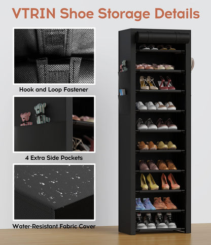 Vertical Narrow Shoe Rack Organizer 10 Tier Tall Shoe Shelf Holds 20-22 Pairs with Non-Woven Dustproof Cover for Closet, Entryway Black