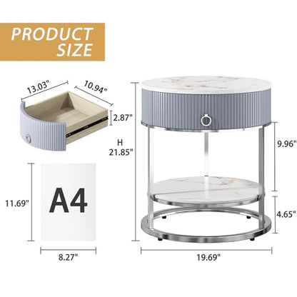 End Table with Sintered Stone Tabletop, Side Table with Drawer, Silver | 2 Tier Nightstand with Shelf, Round Table, Storage, Shelf, Chrome Legs, Marbling Natural Stone, Living Room, Bedroom, Office