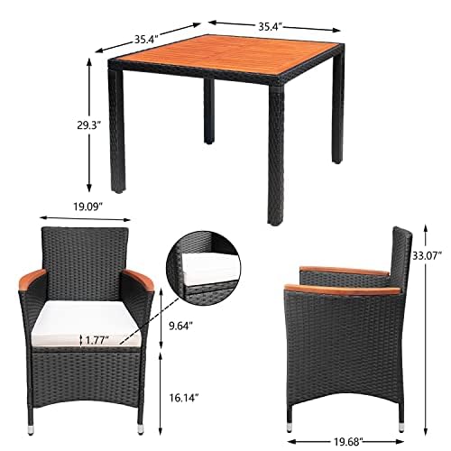 5 PCS Furniture, Patio Conversation Set with Acacia Wood Top, Rattan Outdoor Dining Table and Chairs for Backyard, Garden, Deck, Black