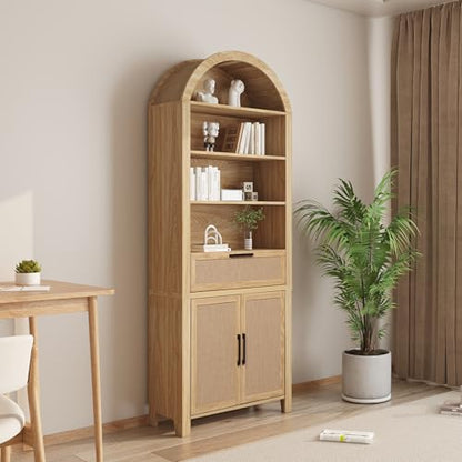 79" Tall Arched Bookcase with Storage, Mid Century Modern 6-Tier Cabinet with Door, Arched Bookshelf with Open Display Shelf for Office Living Room (Natural, 79inch-Doors)