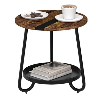 2 Tier Coffee Table in Living Room, Industrial Style Round Coffee Table with Metal Tray, Wood Small Outdoor Coffee Table for Bedroom Balcony Patio, Rustic Brown
