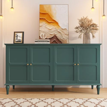 58'' Mid-Century Modern Buffet Storage Cabinet with 4 Doors and Adjustable Shelves, Accent Style Sideboard for Entryway, Dining Room, Living Room, Green