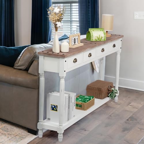 Farmhouse Console Table with 4 Drawers, 60" Long Narrow, White | Boho Sofa Foyer Stand with Large Storage Space, Solid Wood Frame and Legs for Entryway, Hallway, Living Room