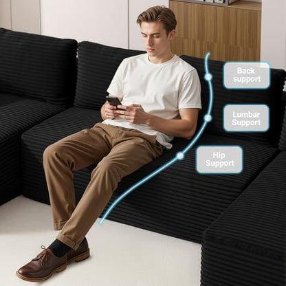 125" Cloud Couch Sectional, Modular Sofa with Cup Holder and Storage Pocket, Corduroy U Shaped Boneless Sofas, Couch in a Box, No Assembly Required, Black Couches for Living Room