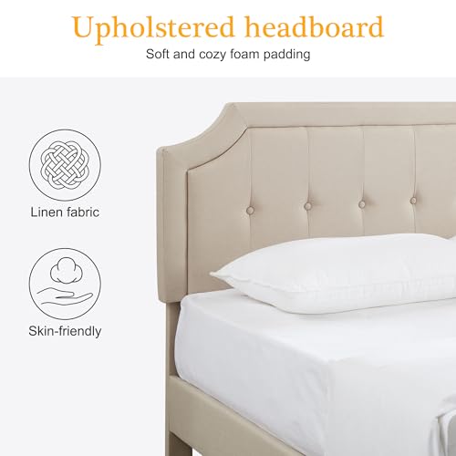 Queen Size Platform Bed Frame with Fabric Upholstered Headboard and Wooden, view 7