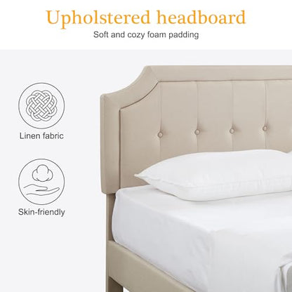 Queen Size Platform Bed Frame with Fabric Upholstered Headboard and Wooden, view 7