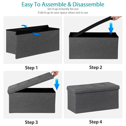 30Inches Storage Ottoman Bench, Folding Footrest Padded Seat, Storage Chest Long Shoes Bench with Divider, Holds up to 660 lbs, for Living Room, Entryway, Bedroom, Dark Gray