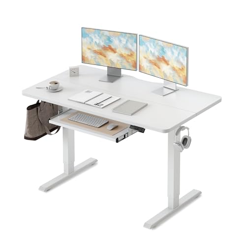 Standing Desk with Keyboard Tray, 48 x 24 Inch Adjustable Height Sit Stand Desk with Memory Presets for Home Office, Ergonomic Computer Workstation, White