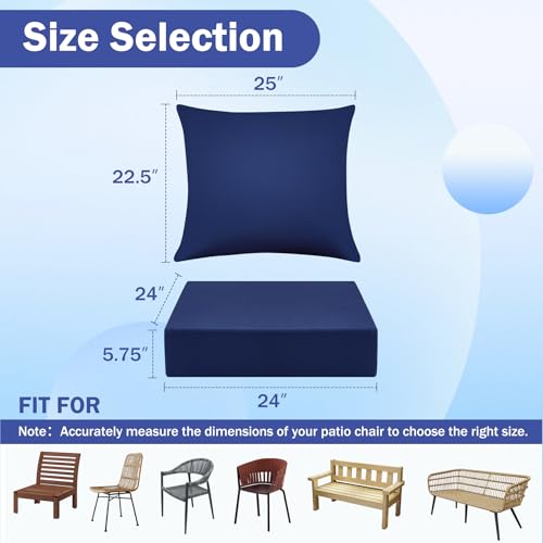 Outdoor Chair Cushions, 24 x 24 Inch Outdoor Cushion for Patio Furniture, Patio Chair Cushion, Waterproof & Fade Resistant Deep Patio Furniture Cushions Set with Handle and Ties, Navy Blue (Set of 4)
