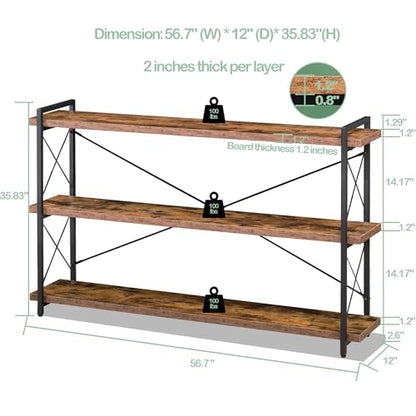 Bookshelf, 3-Tier Long Industrial Bookcase, Rustic Open Book Shelf, Freestanding Horizontal Bookshelves with Metal Frame