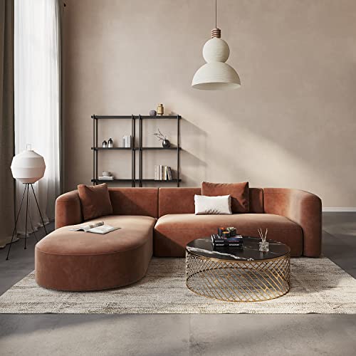 Mellow Modern Tight Curved Back Velvet Sofa, Left Chaise, Tangerine