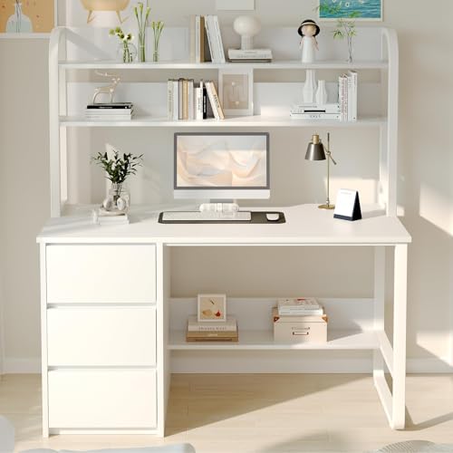 White Desk with Hutch, 47 Inch Computer Desk with 3 Drawers for Bedroom, view 2