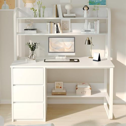 White Desk with Hutch, 47 Inch Computer Desk with 3 Drawers for Bedroom, view 2