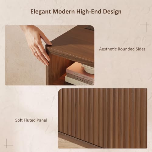 71" Fluted Sideboard Buffet Cabinet with Lights & Outlets, Walnut, view 7