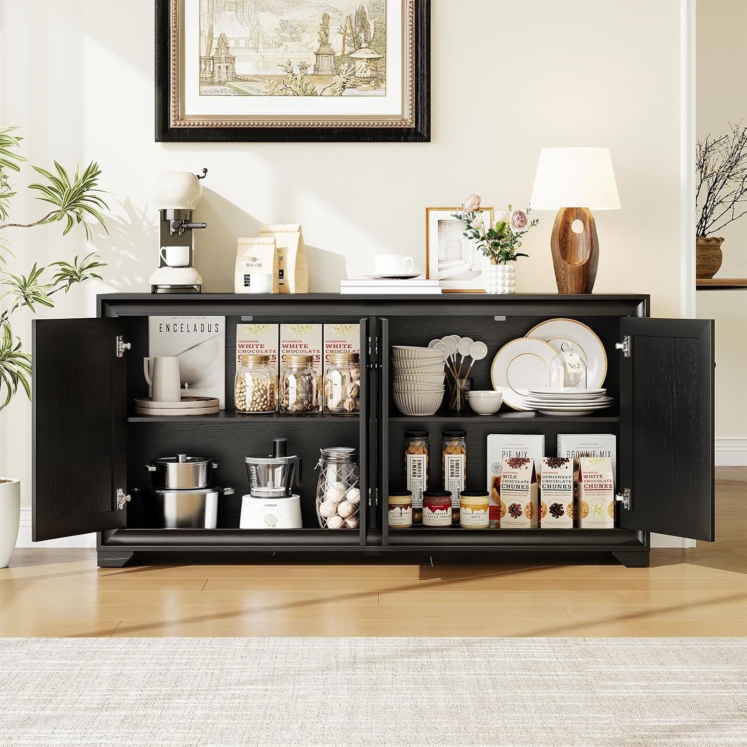 60" Buffet Cabinet with Storage, 4 Doors Sideboard Buffet Cabinet with Adjustable Shelves, Modern Coffee Bar Console Table for Living Room, Kitchen, Entryway, Black