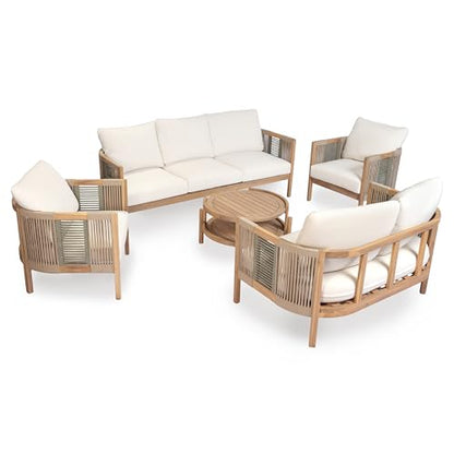 5-Piece Acacia Wood Patio Furniture Set with Coffee Table, 7 Seater Outdoor Conversation Sofa Set, Patio Sectional Chat Set for Backyard Balcony, Teak+ Beige
