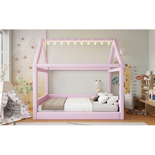 Full Size Upholstered House Daybed with LED Light Strips,Pink