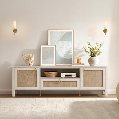 Rattan TV Stand for TVs up to 75 Inch, White Entertainment Center, view 4
