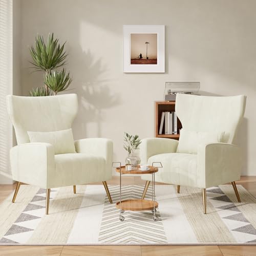 Velvet Accent Chair Wingback for Living Room, High Back Arm Chair with Golden Legs Lumbar Pillow, Upholstered Single Sofa Bedroom Beige