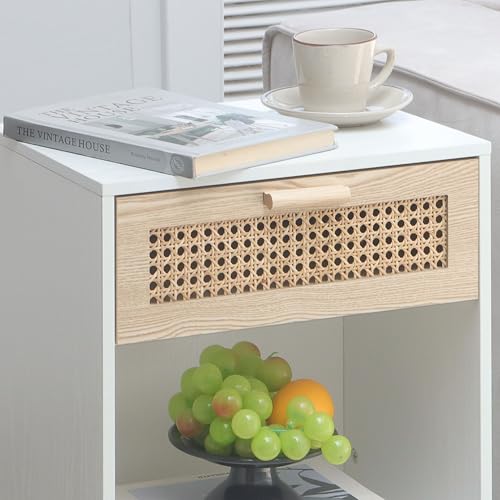 White Rattan Nightstand, Modern Nightstand with Rattan Drawer, Modern Wooden Bedside Table with Solid Wood Legs for Bedroom, and Small Spaces (White)