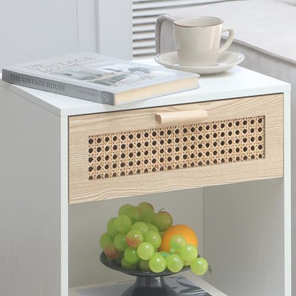White Rattan Nightstand, Modern Nightstand with Rattan Drawer, Modern Wooden Bedside Table with Solid Wood Legs for Bedroom, and Small Spaces (White)