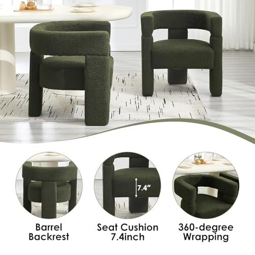 Boucle Sherpa Dining Chairs Set of 4, Comfy Upholstered Side Armchairs Barrel Side Chairs with 3 Legs, Mid Morden Century Dining Room Chairs for Bedroom,Kitchen,Dining,Living,Balcony,Reception, Green