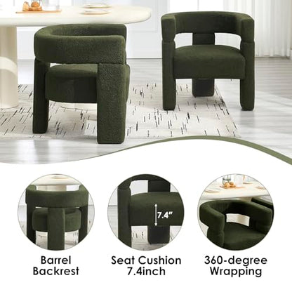 Boucle Sherpa Dining Chairs Set of 4, Comfy Upholstered Side Armchairs Barrel Side Chairs with 3 Legs, Mid Morden Century Dining Room Chairs for Bedroom,Kitchen,Dining,Living,Balcony,Reception, Green