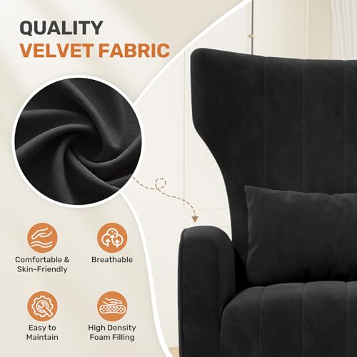 Velvet Accent Chairs Modern High Back Armchair Arm Chair with Lumbar Pillow, High Back Upholstered Single Sofa Chair with Gold Metal Legs for Bedroom,Black