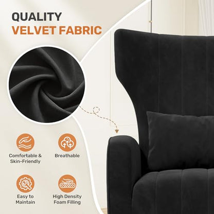Velvet Accent Chairs Modern High Back Armchair Arm Chair with Lumbar Pillow, High Back Upholstered Single Sofa Chair with Gold Metal Legs for Bedroom,Black