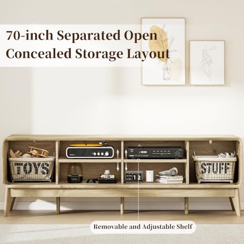 70" Mid Century TV Stand for Living Room w/Sliding Barn Door, Oak, view 4