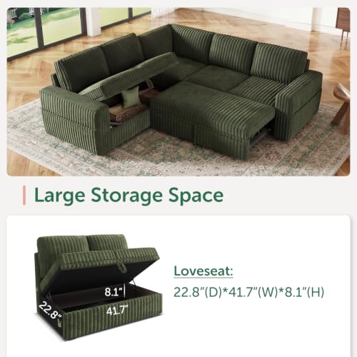 Modular Sectional Sleeper Sofa with Pull Out Bed,Corduroy L Shaped Couch with Storage, Sectional Couches for Living Room,Green