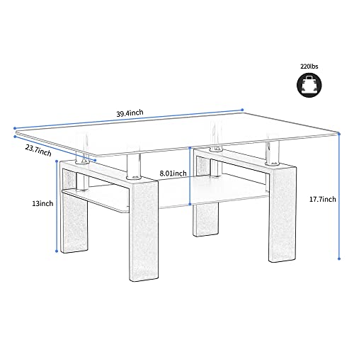 Rectangle Glass Coffee Table, Living Room Table with Black Metal Legs & Tempered Glass, Modern Center Table for Bedroom Small Space